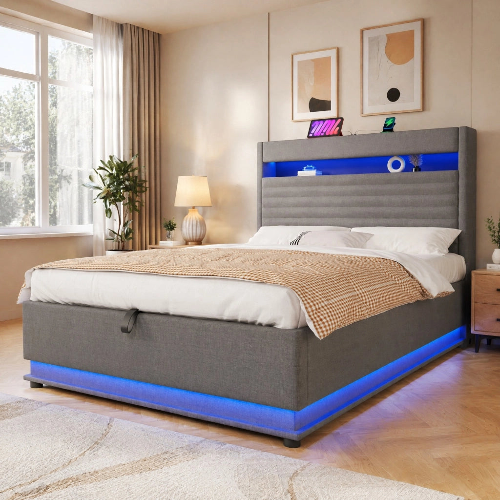 LETTO Contenitore 140x200 cm in lino grigio con LED e USB-C