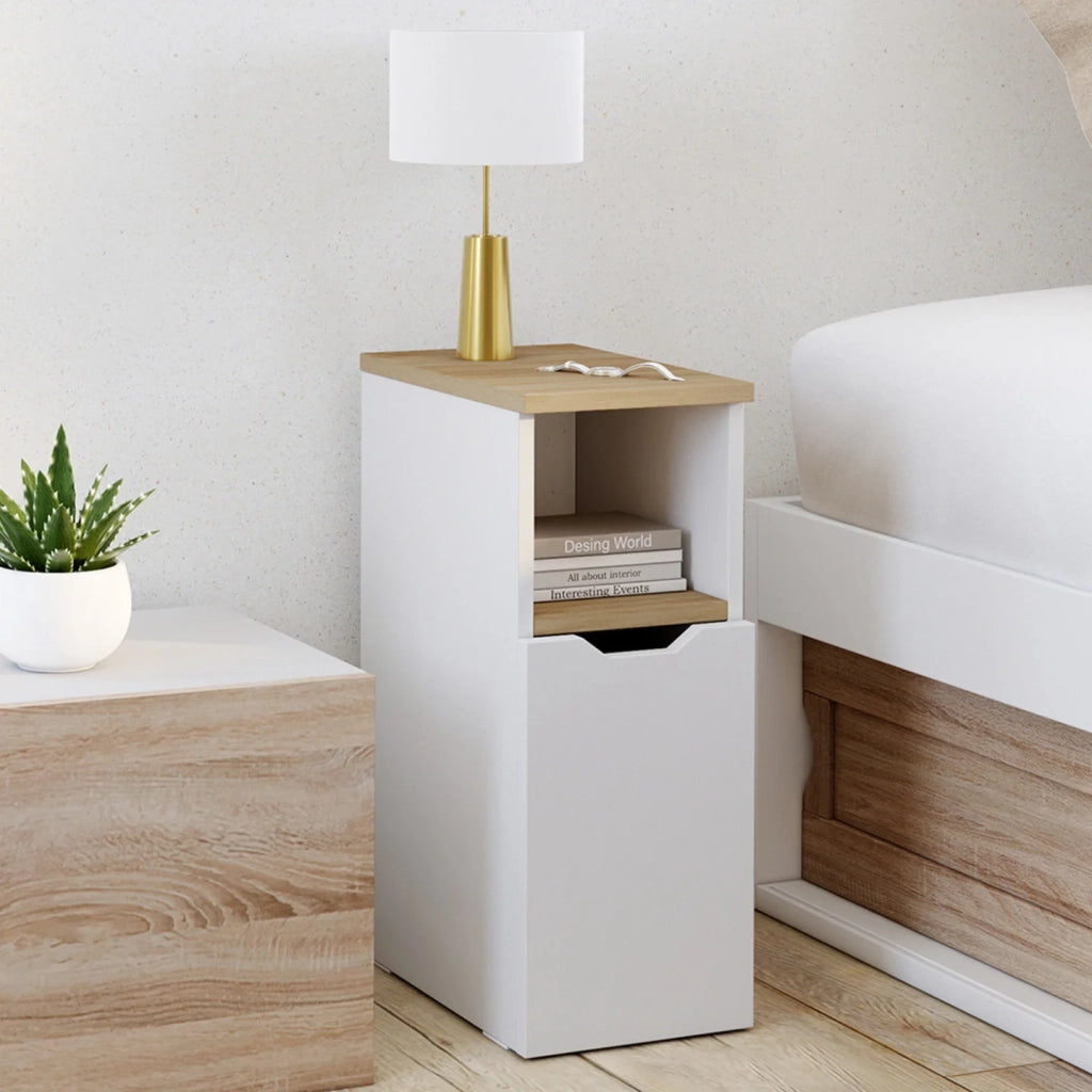 IDMarket - Set di 2 comodini stretti a 1 anta ANOUK con nicchia bianca e legno