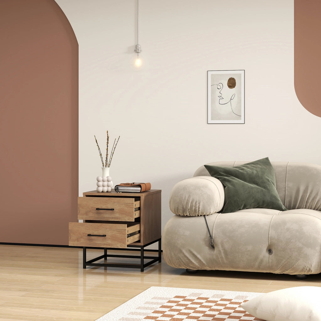 Comodino con 2 Cassetti Stile Industriale ¨C Minimal ¨C Legno e Acciaio