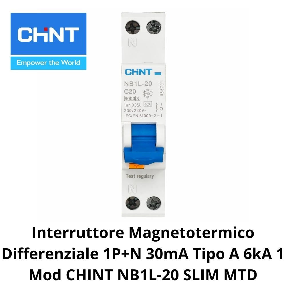 Interruttore magnetotermico differenziale 1p+n 30ma tipo a 6ka chint nb1l-20 slim *** ampere 16 ampere, confezione 1