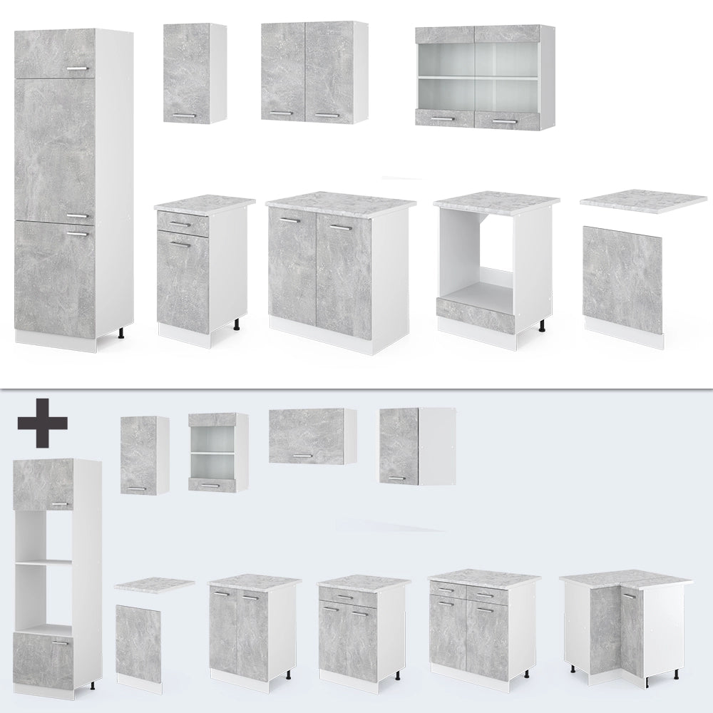 Cucina componibile R-Line Calcestruzzo/Bianco 300 cm, PL Rovere Vicco