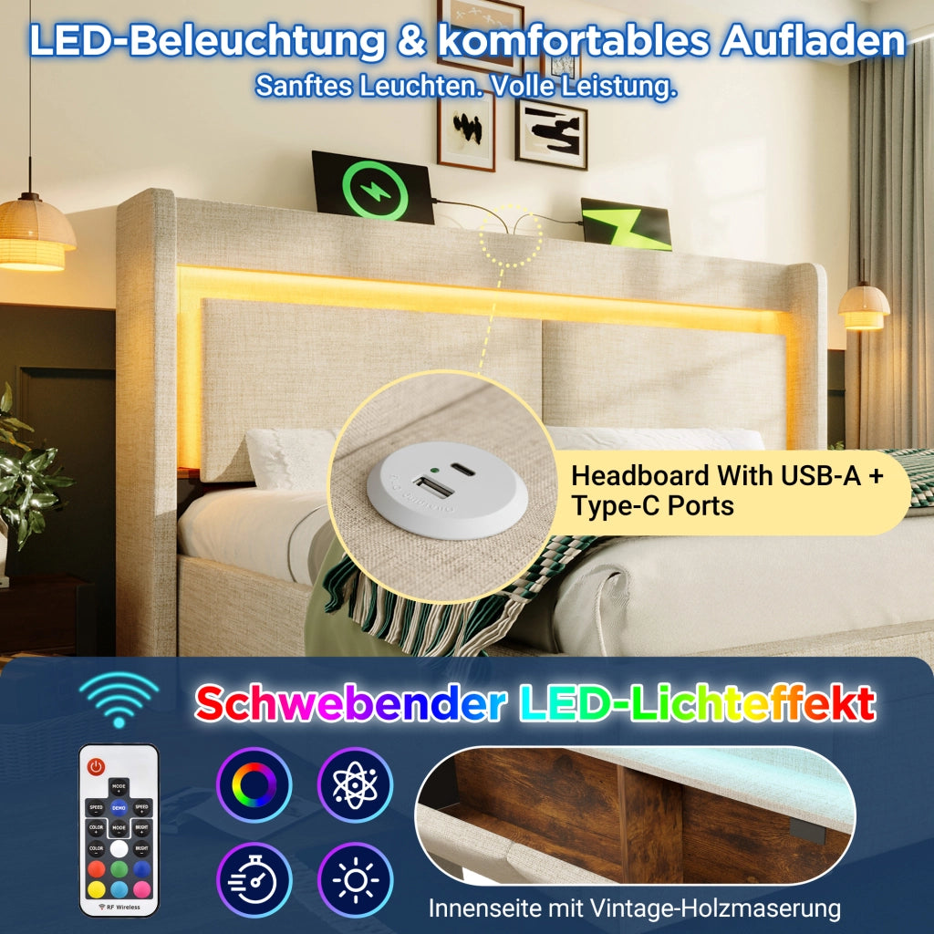 Letto imbottito 140x200 idraulico LED USB/Type-C lino beige