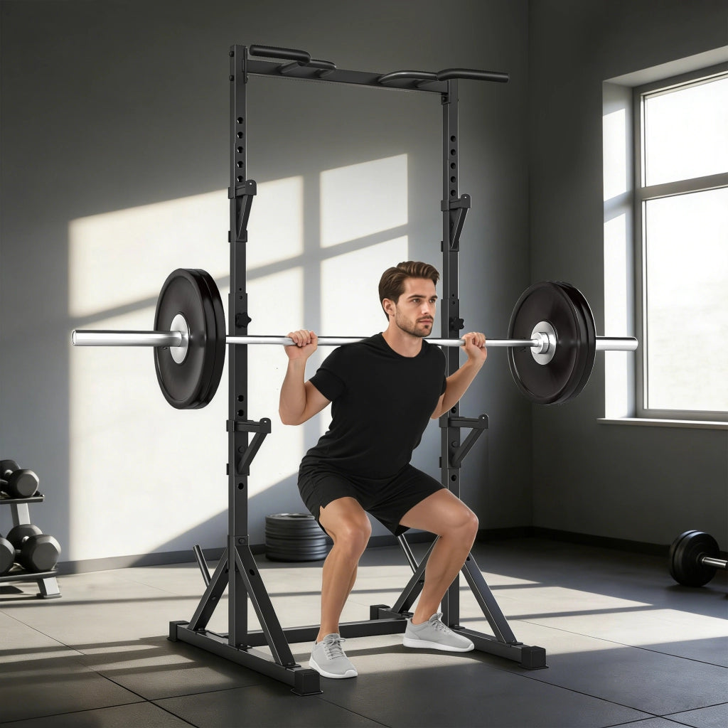 Squat Rack Regolabile con Doppio Supporto, Portadischi e Barra Trazioni ¨C Minimal ¨C Acciaio, Nero, 112-100x201-217 cm