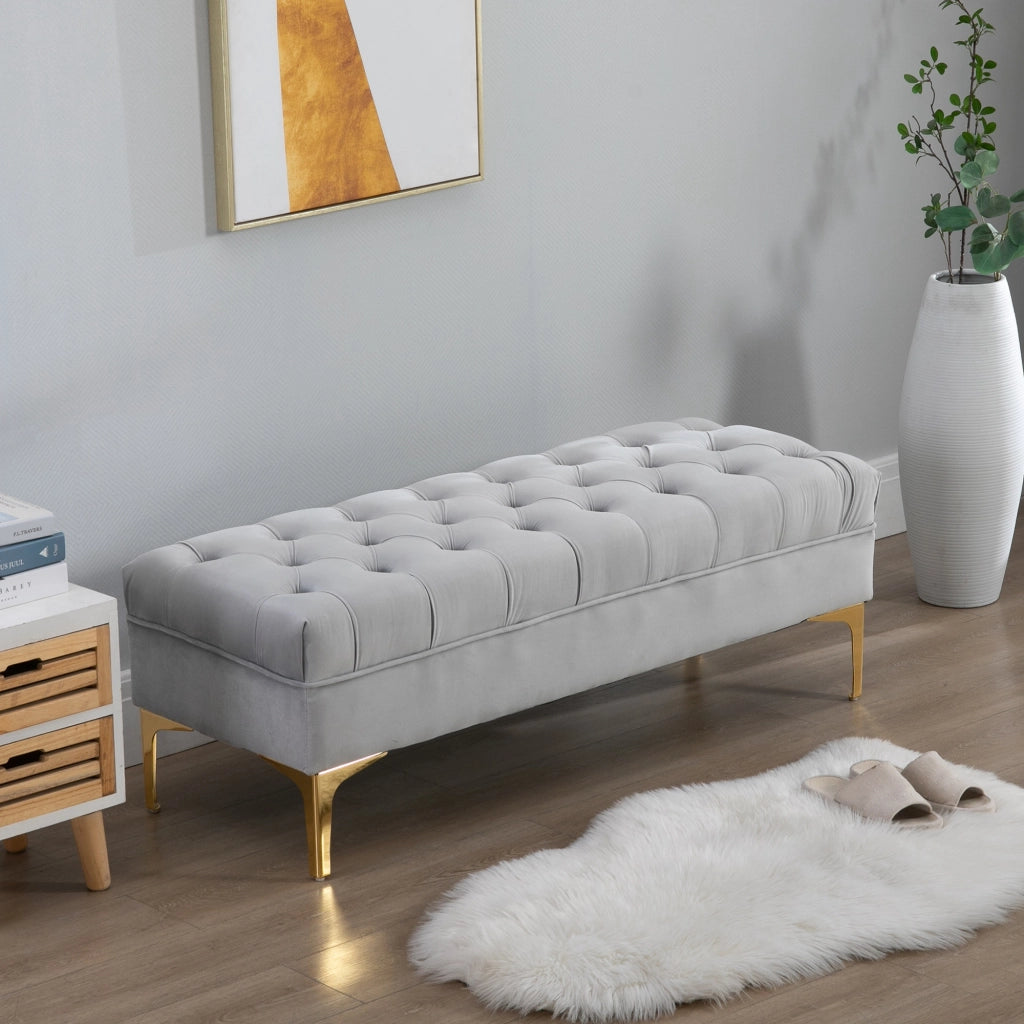 Pouf capitonnato ¨C Minimal ¨C 118x45x42 cm grigio chiaro metallo dorato