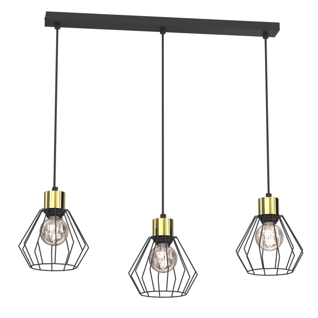 Lampada sospesa industriale Parkla 3 luci E27 nero oro
