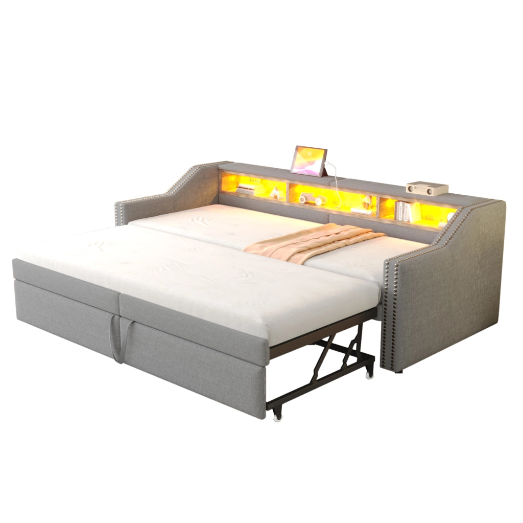 Divano letto 90x200 cm estraibile fino a 180x200 cm con vani portaoggetti; LED e USB grigio chiaro