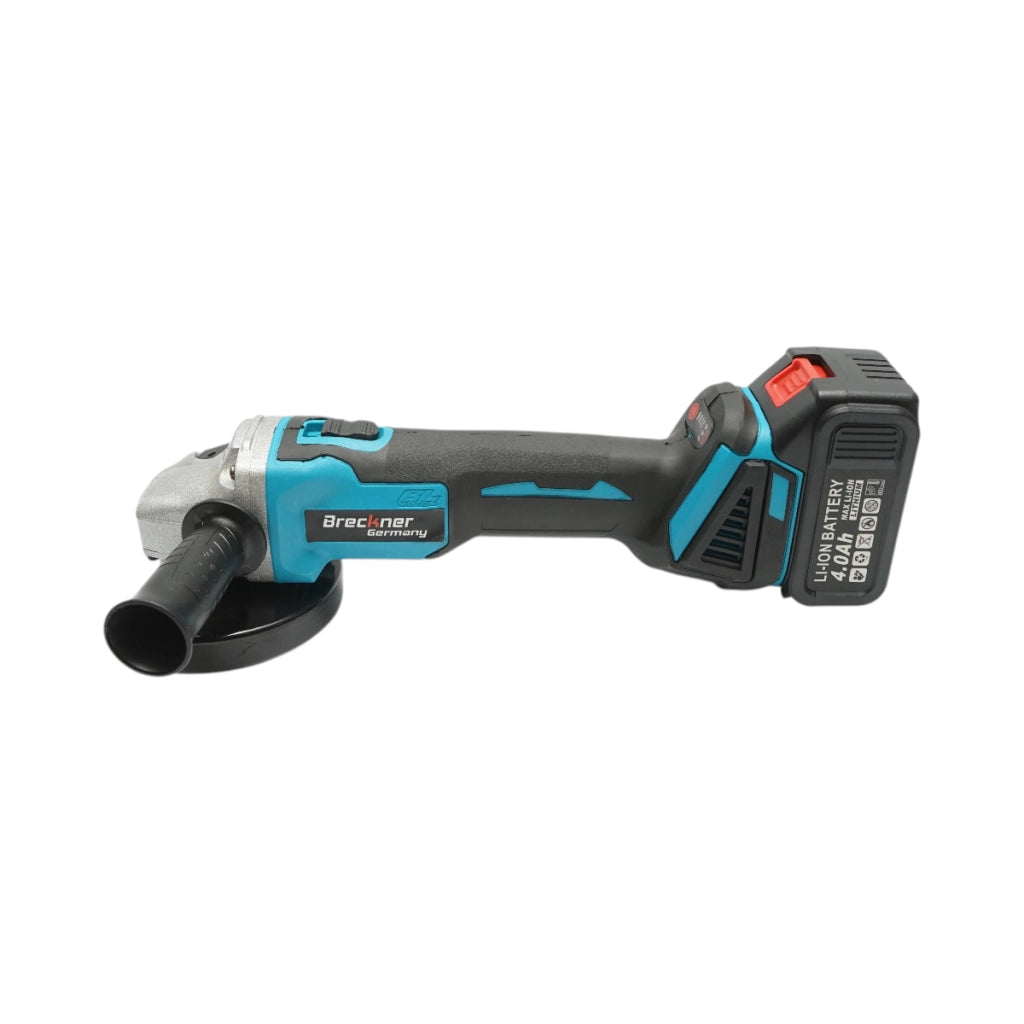 Smerigliatrice angolare con batteria agli ioni di litio da 18 V, 4 Ah, disco da 125 mm, motore brushless e faretto a LED inclusi. Breckner Germany