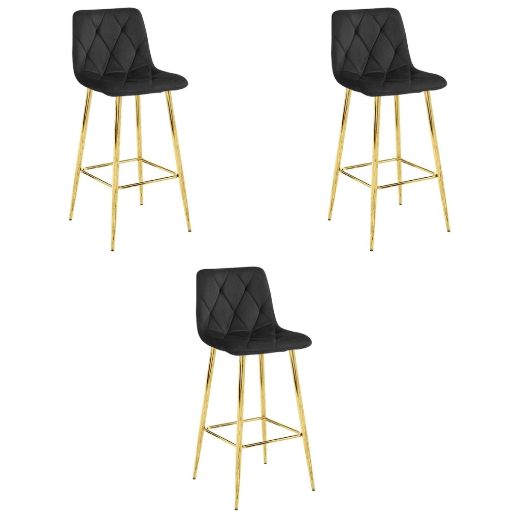 Set di 3 Sgabelli Nado in Velluto Nero e Gambe Oro
