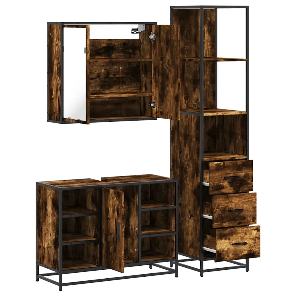 Set Mobili da Bagno | Armadio da bagno 3 pz Rovere Fumo in Legno Multistrato