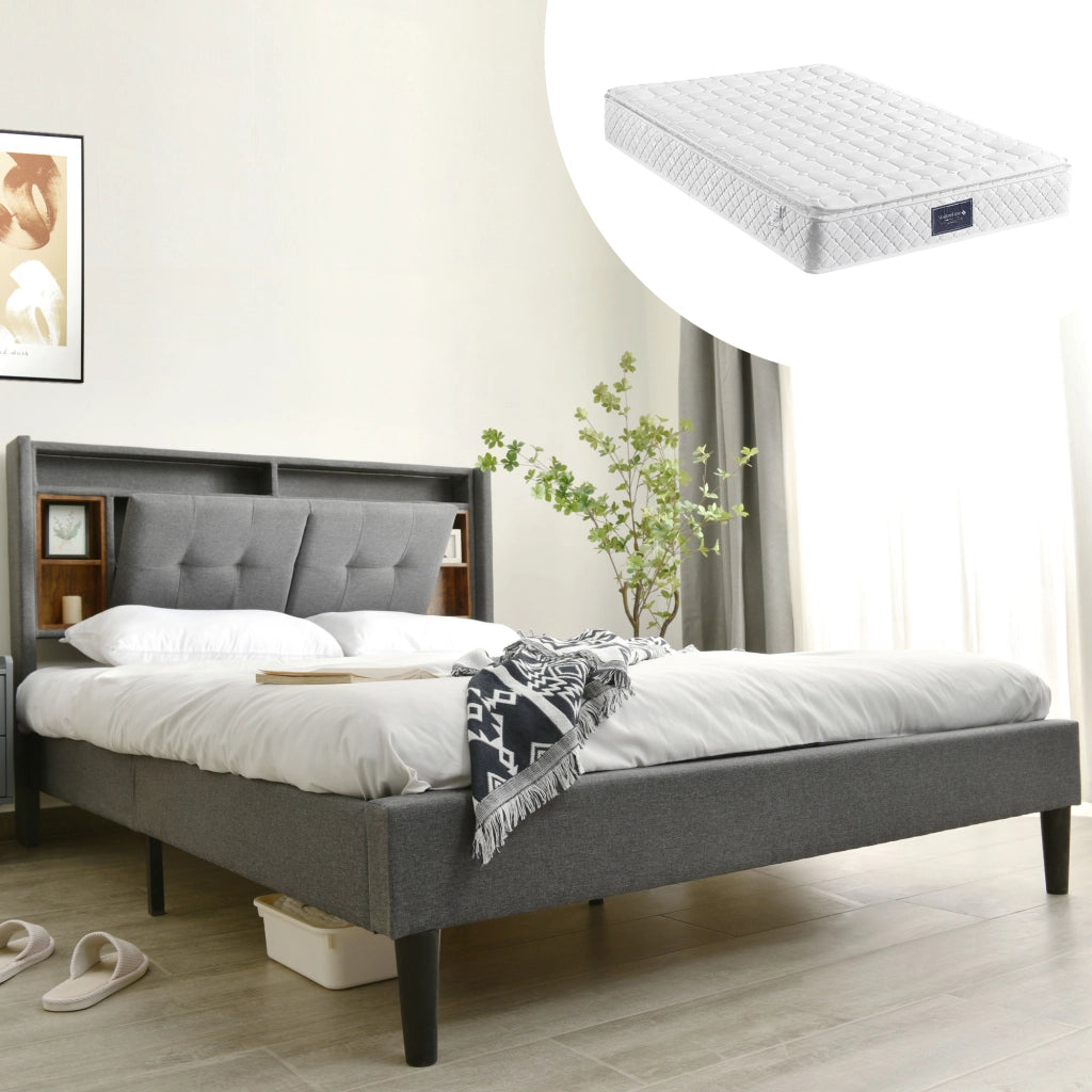 LETTO Matrimoniale 140x200 cm Grigio con testiera contenitore, LED e USB