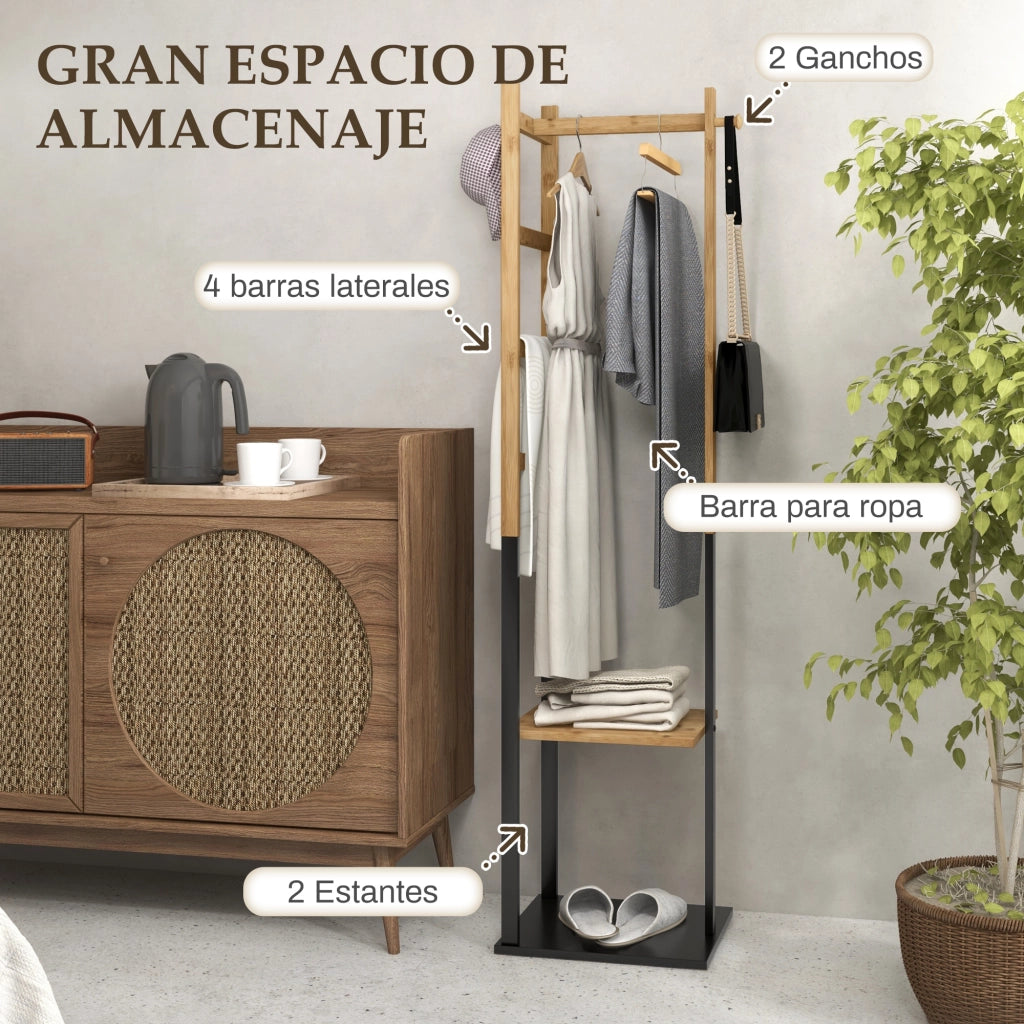 Appendiabiti da Terra con Scaffali e Ganci ¨C Minimal ¨C Legno e Acciaio, Nero