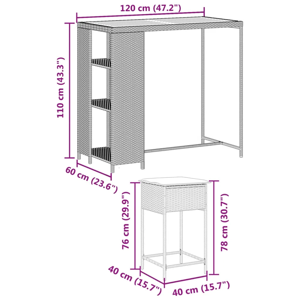 Set Bar da Giardino 3pz con Cuscini Grigio in Polyrattan 3261498