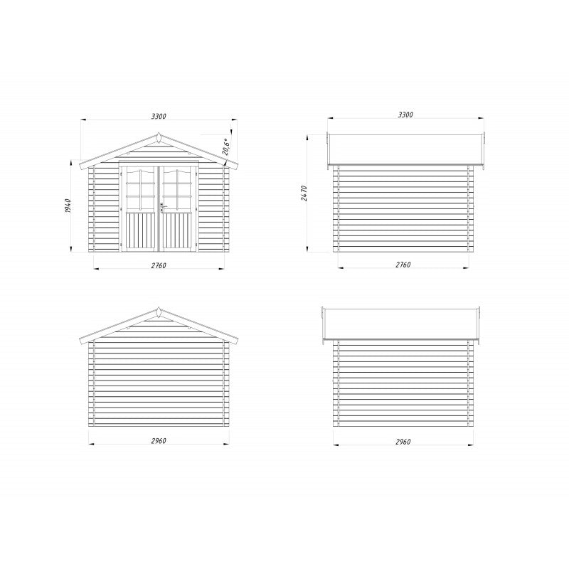 Casetta da giardino in legno 296x296 cm, pareti 28 mm grezze con porta doppia vetrata, per deposito attrezzi esterno - Esterni da Vivere