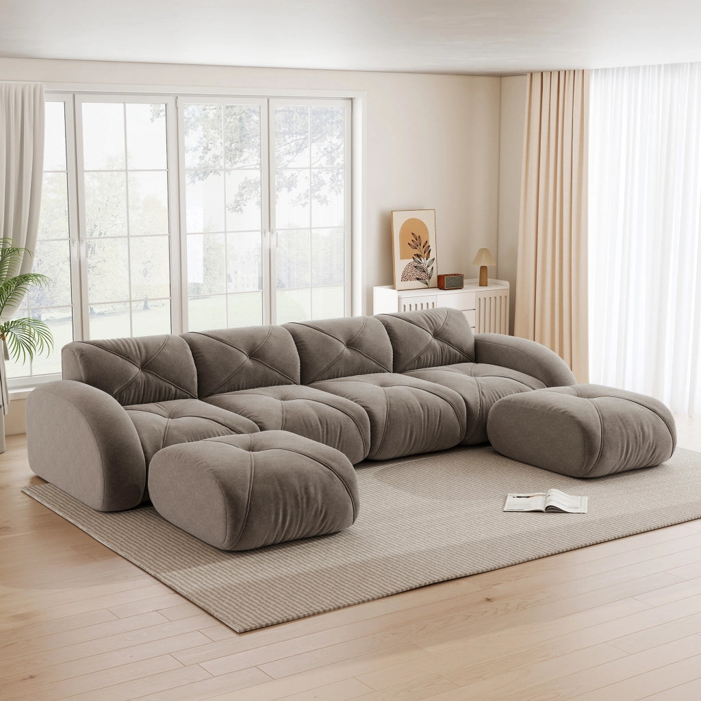 Divano modulare a U - Zephmum- 4 posti, 2 pouf, tessuto comodo, antiscivolo, marrone