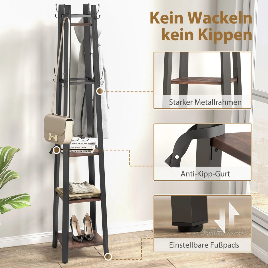 Appendiabiti con scaffali ¨C Zephmum ¨C Marrone, metallo e legno, 4 livelli
