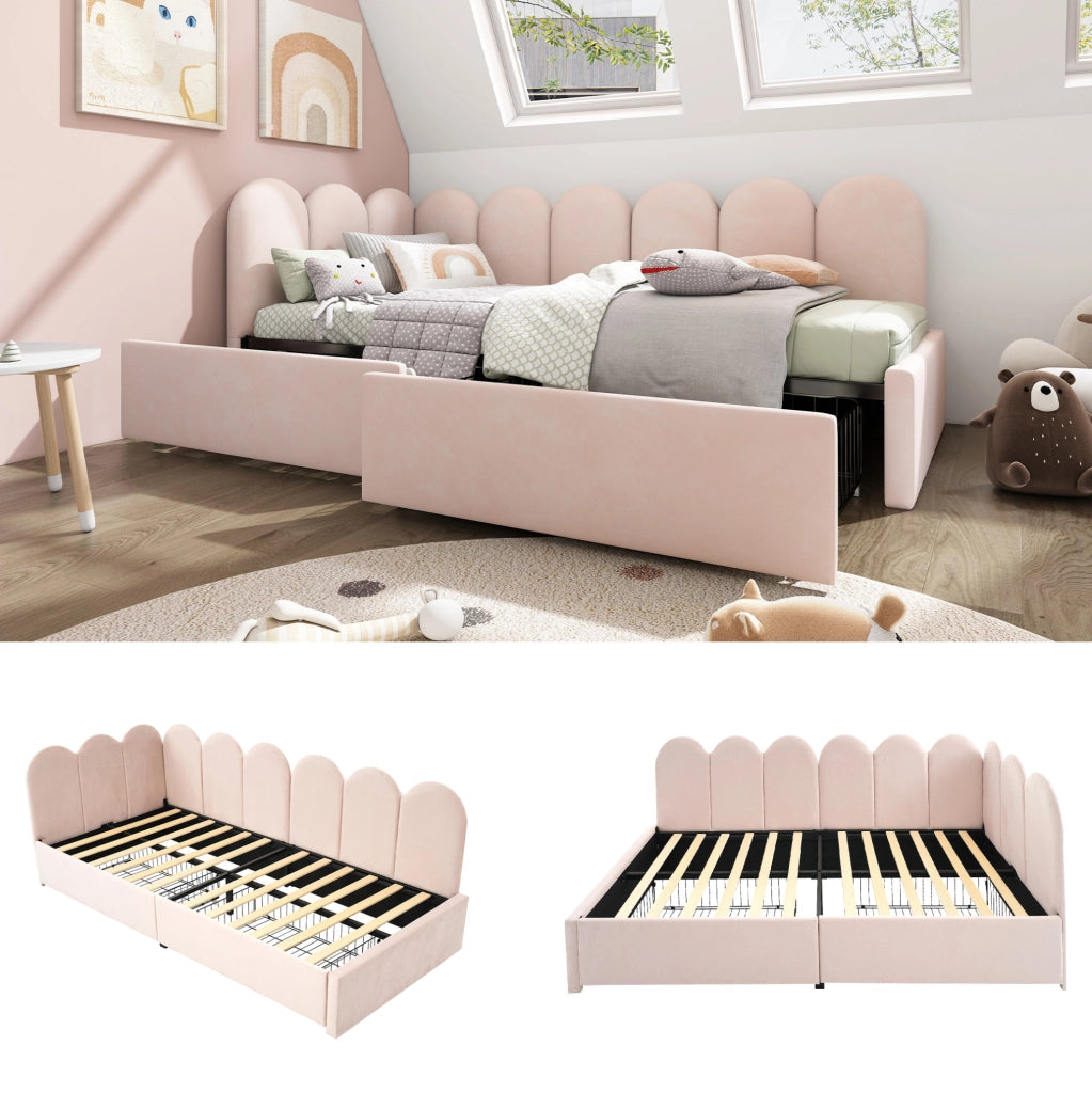 Divano letto singolo imbottito con 2 cassetti; velluto rosa; 90x200 cm