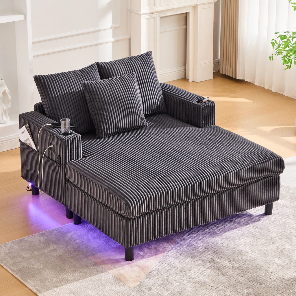 Chaise Longue Reclinabile con LED e USB ¨C MINIMAL ¨C Velluto, Grigio