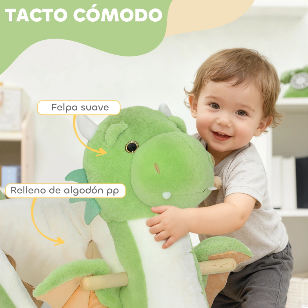 Cavallo a dondolo in peluche ¨C Xylo ¨C base legno con suono, verde, 18-36 mesi