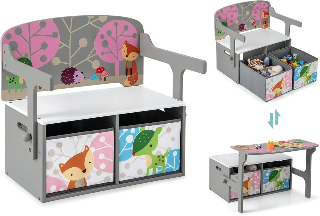 Cassapanca Contenitore 3 in 1 per Bambini Trasformabile in Legno con 2 Cassetti in Tessuto, Tavolo bambini con Sedie Multifunzione, Scatola dei Giocattoli per 3-7 Anni (Grigio)