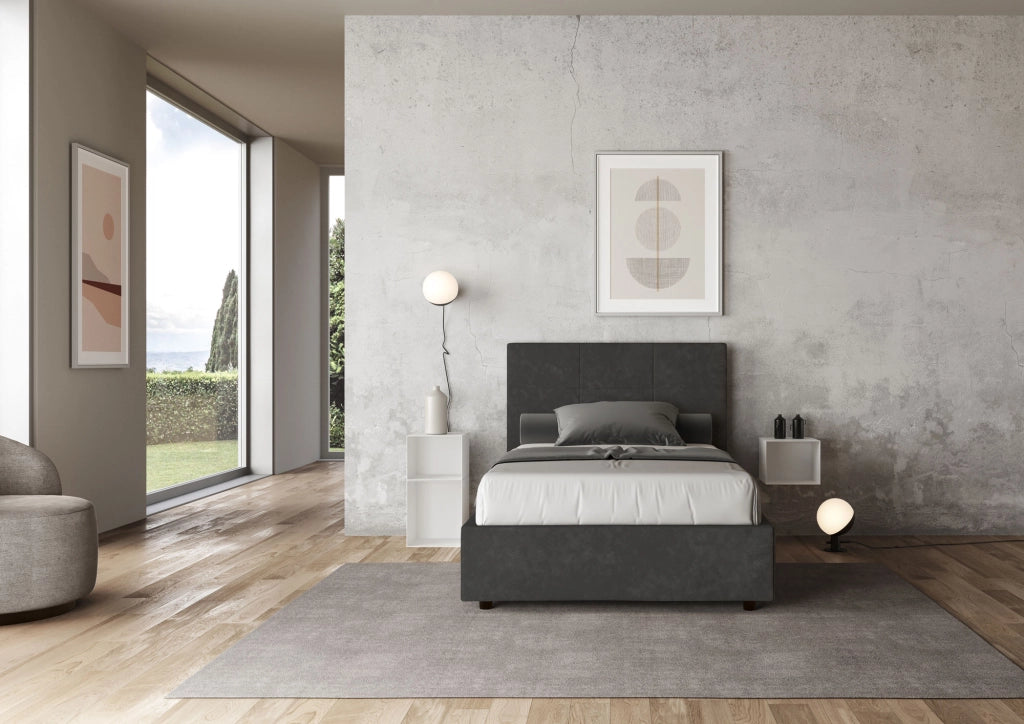 BS COM Letto una piazza e mezza con rete imbottito 120x210 microfibra grigio