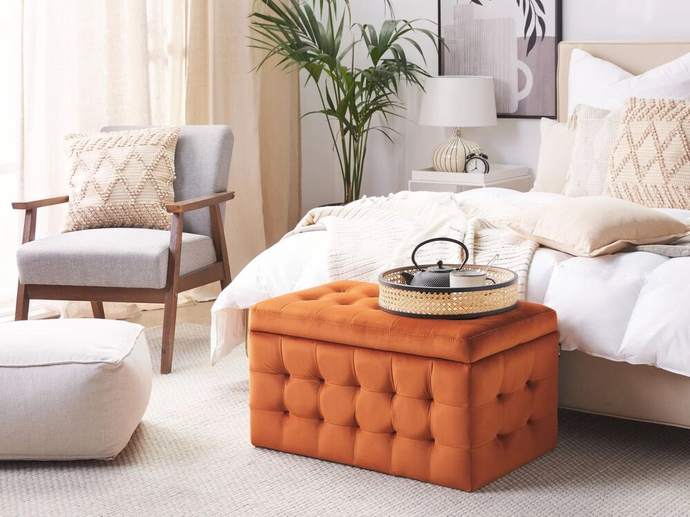Pouf Cassapanca Imbottito in Velluto Arancione Stile Chesterfield