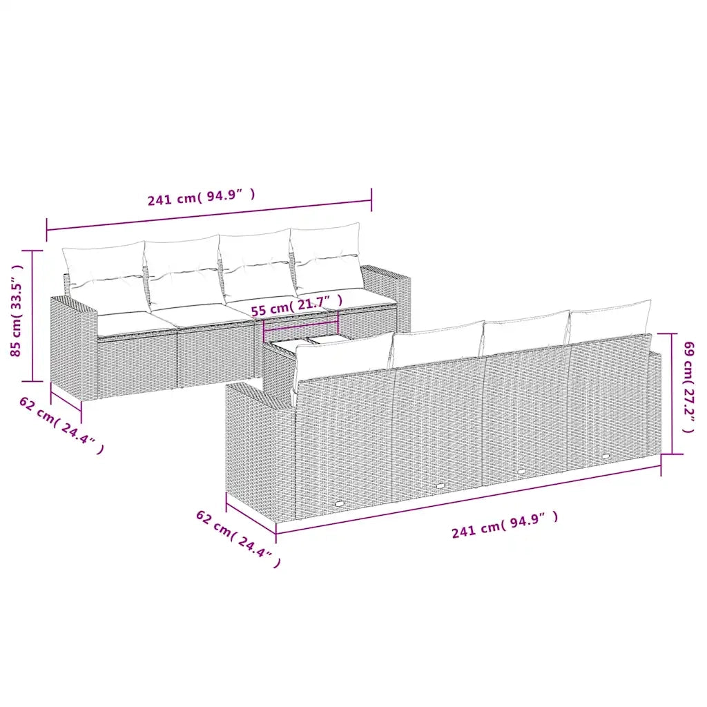 Set Divani da Giardino 9pz con Cuscini Marrone in Polyrattan
