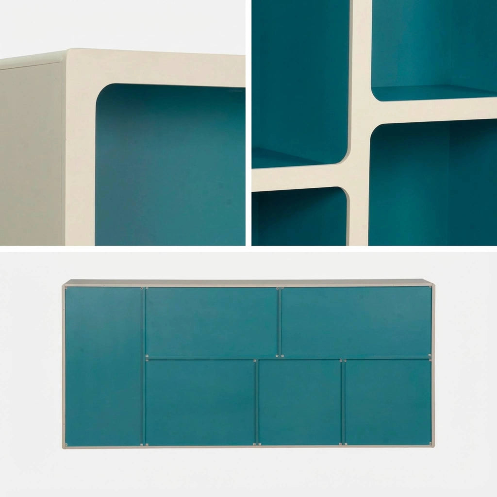 Libreria organica in legno bicolore con 8 scomparti, blu