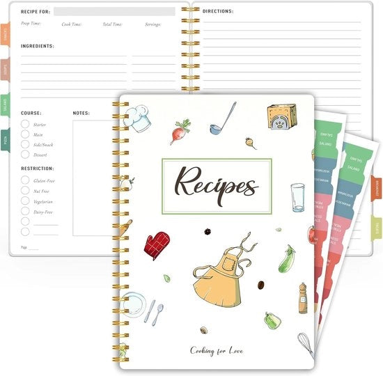 Raccolta di Ricette A5 con Copertina Spiralessa - Libro di Ricette Vuoto - Copertina in PVC Idrorepellente - Libro di Ricette con Etichette di Tabella - Organizza le Tue Ricette