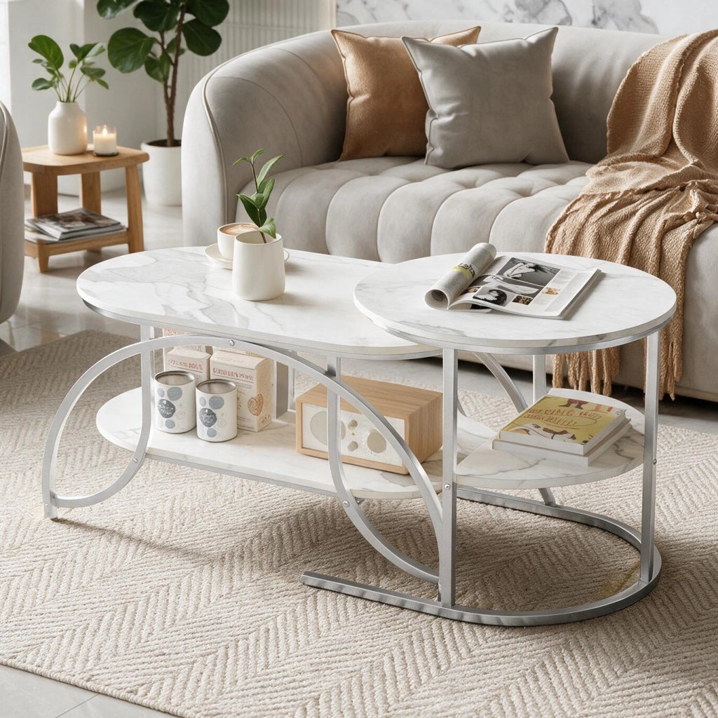 Tavolini da salotto set 2 pezzi 80x46x45 cm con contenitore pieghevoli da divano effetto marmo metallo - argento