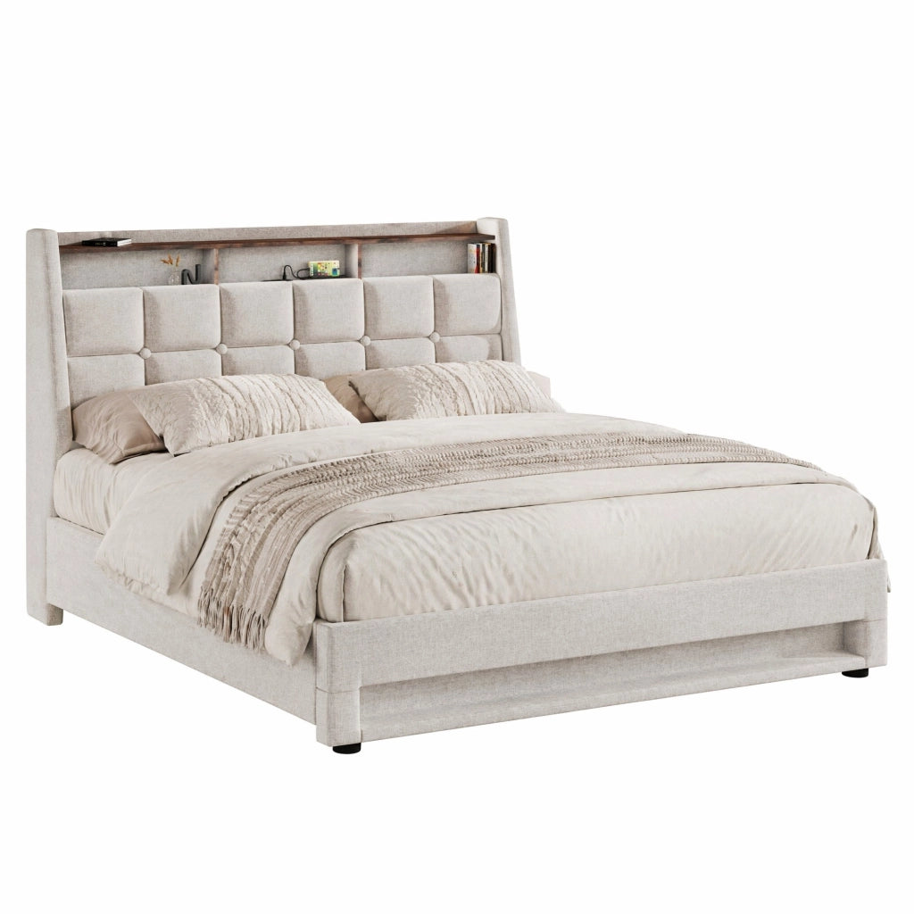 Letto imbottito con LED e USB 160x200 cm, contenitore salvaspazio