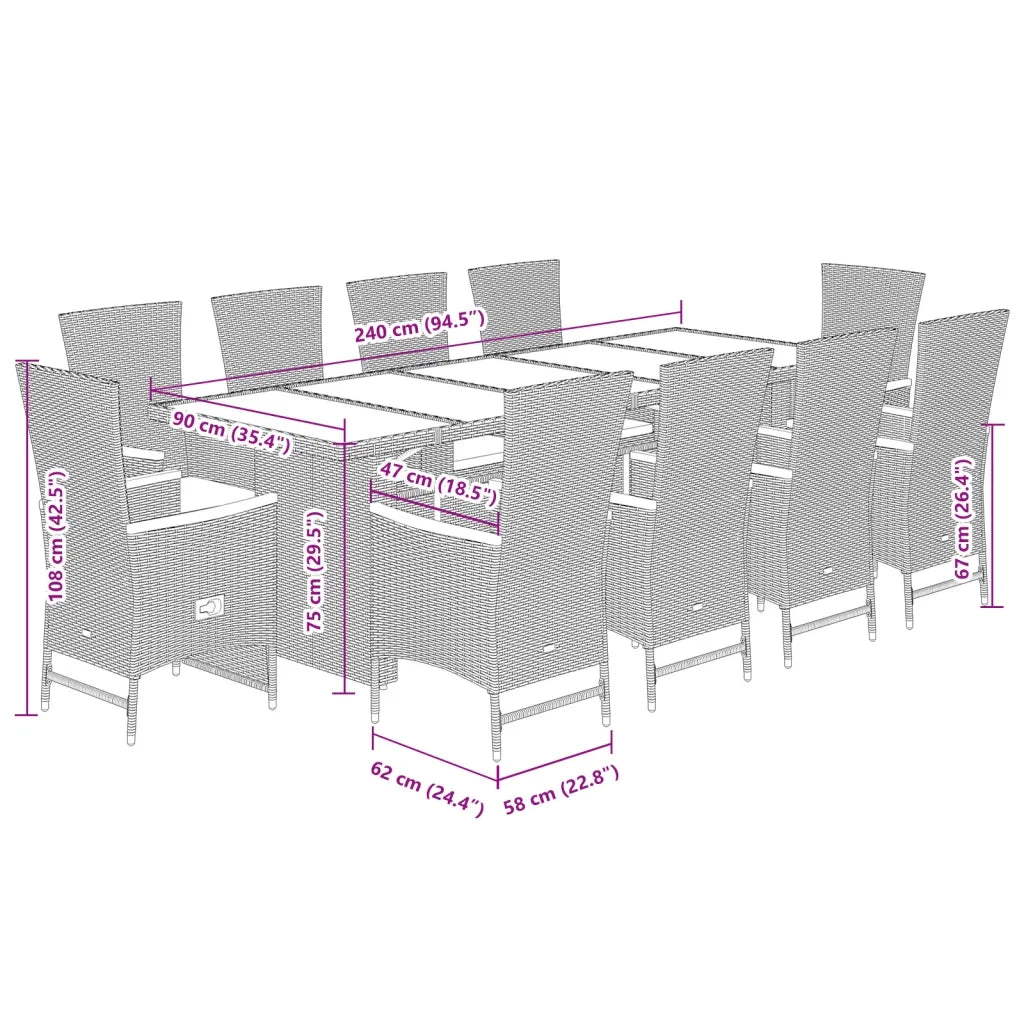 Set da Pranzo da Giardino 11pz con Cuscini in Polyrattan Grigio 3277561