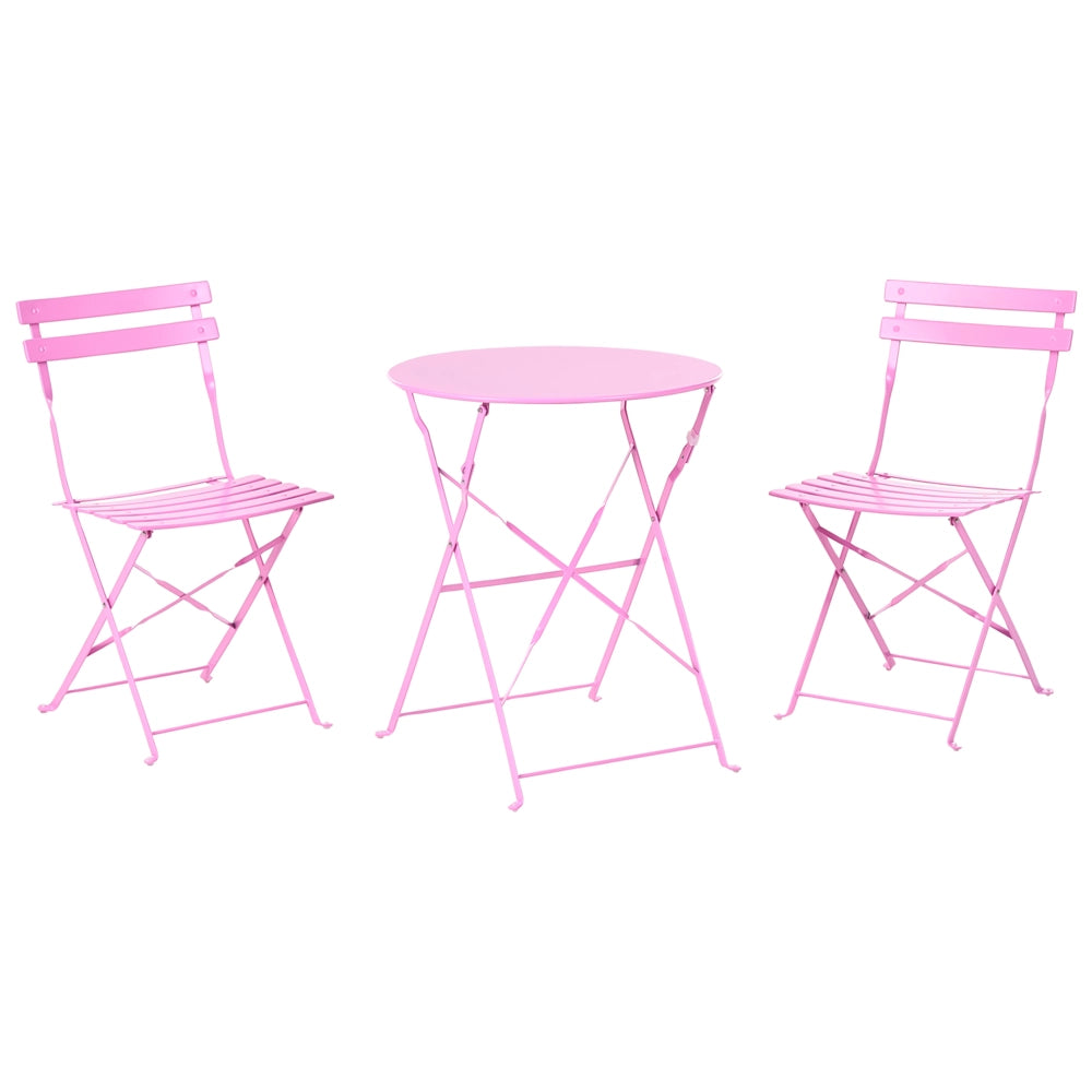 Set da bistrot 3 pezzi rosa in metallo pieghevole con schienale a doghe per esterni