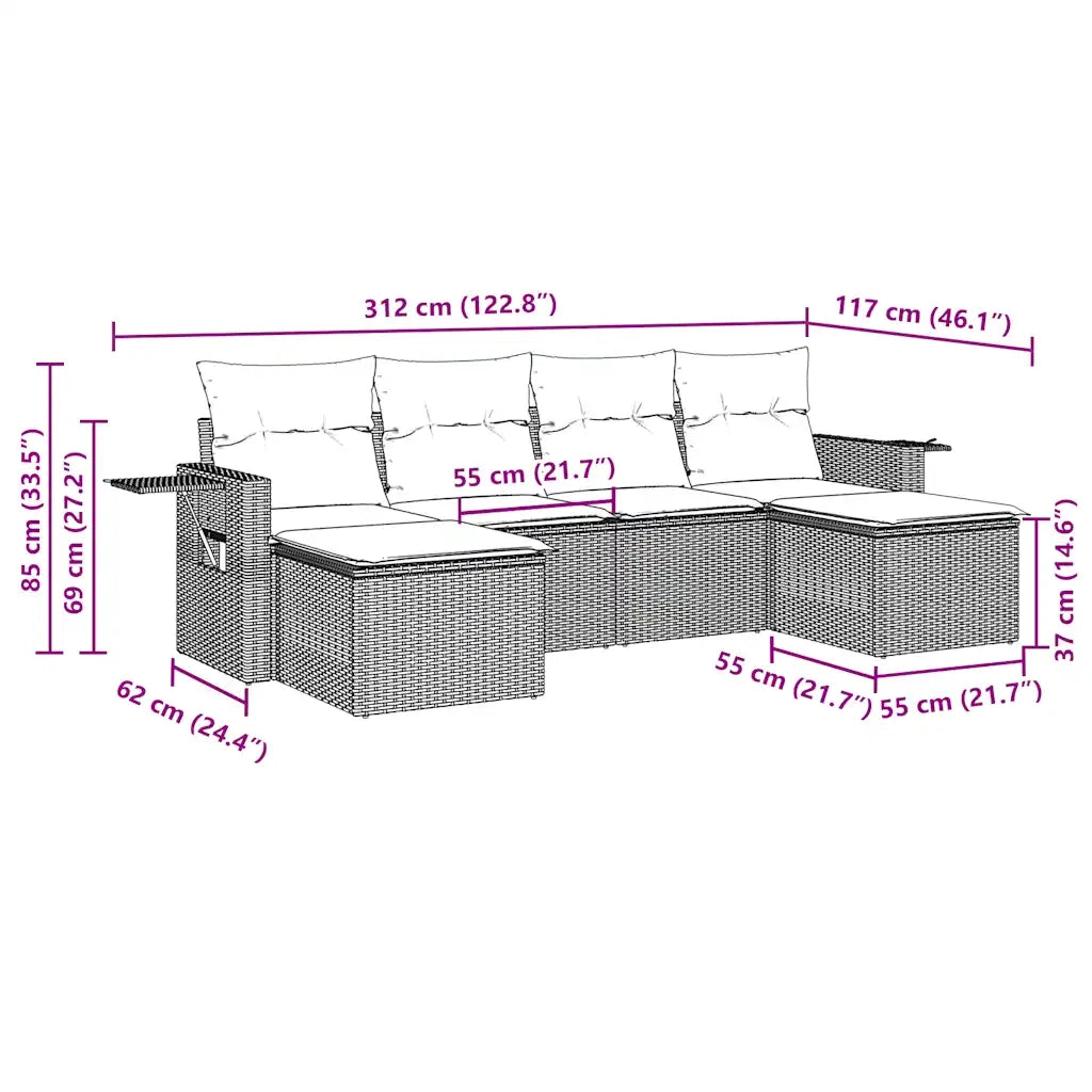 Set Divano da Giardino 6 pz con Cuscini Nero in Polyrattan
