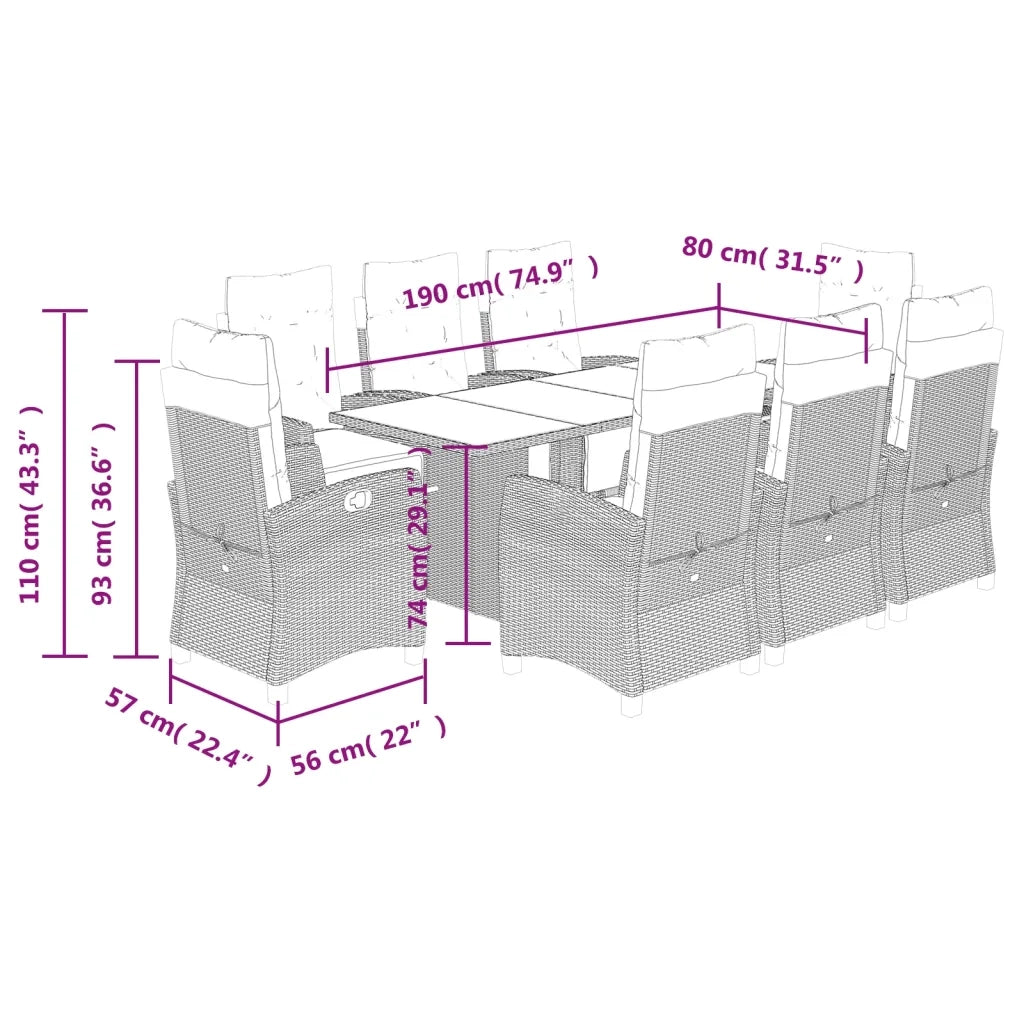 Set da Pranzo da Giardino 9pz con Cuscini Marrone in Polyrattan 3212923