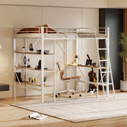 Letto a soppalco 90 × 200 cm con scrivania e tre ripiani in metallo e MDF bianco con scala fissa