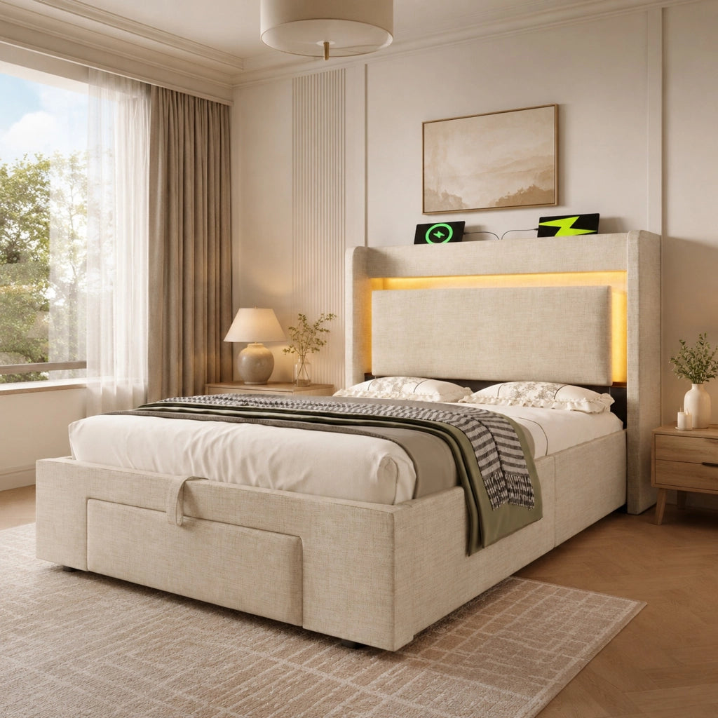 LETTO Contenitore 90x200 cm Beige in Lino con USB, USB-C e LED
