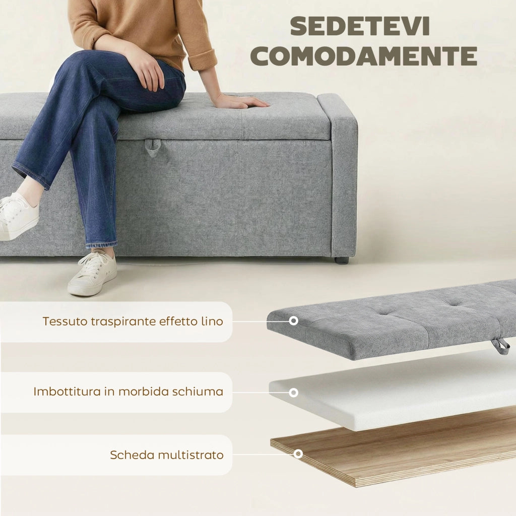Cassapanca 142L Pouf Contenitore, Seduta Ampia Imbottita, in Lino, Capacit¨¤ 200 kg, Grigio Chiaro