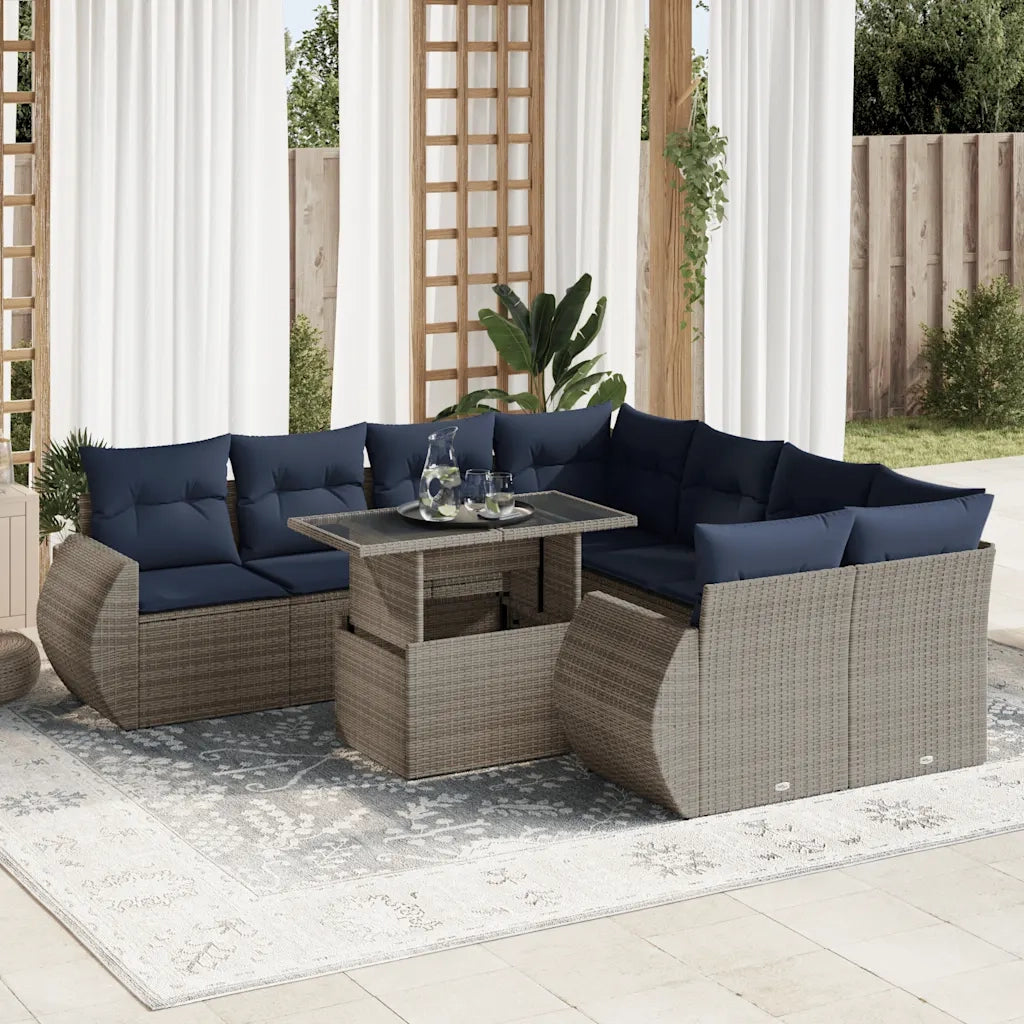 Set Divano da Giardino 9pz con Cuscini Grigio Polyrattan Acacia 3326612