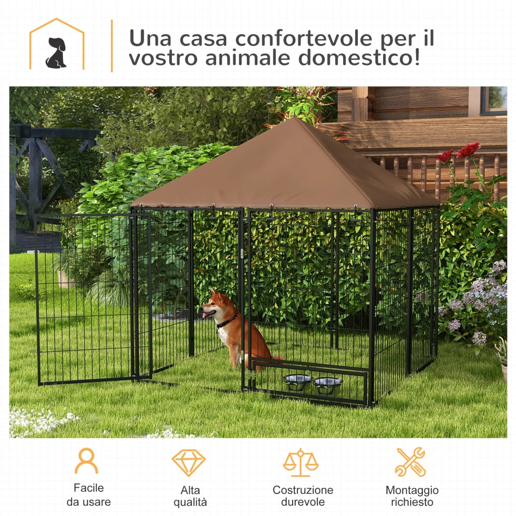 Recinto per Cani in Metallo e Tessuto ¨C Minimal ¨C Nero e Marrone 141x141x151 cm