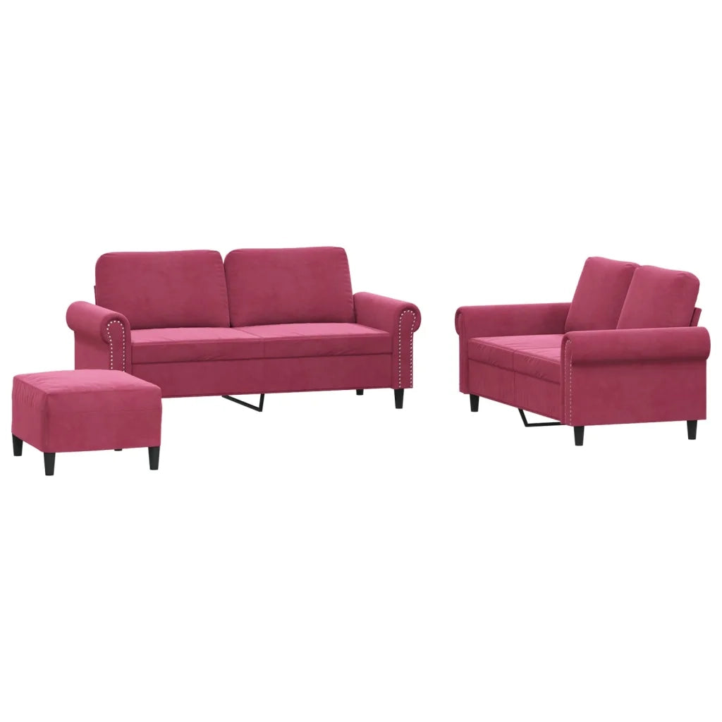 Set di Divani 3 pz con Cuscini Rosso Vino in Velluto
