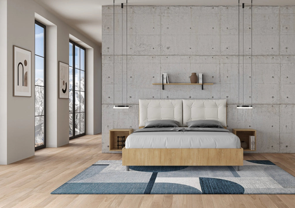 BS COM Letto matrimoniale con rete 160x200 quercia cuscini similpelle bianco