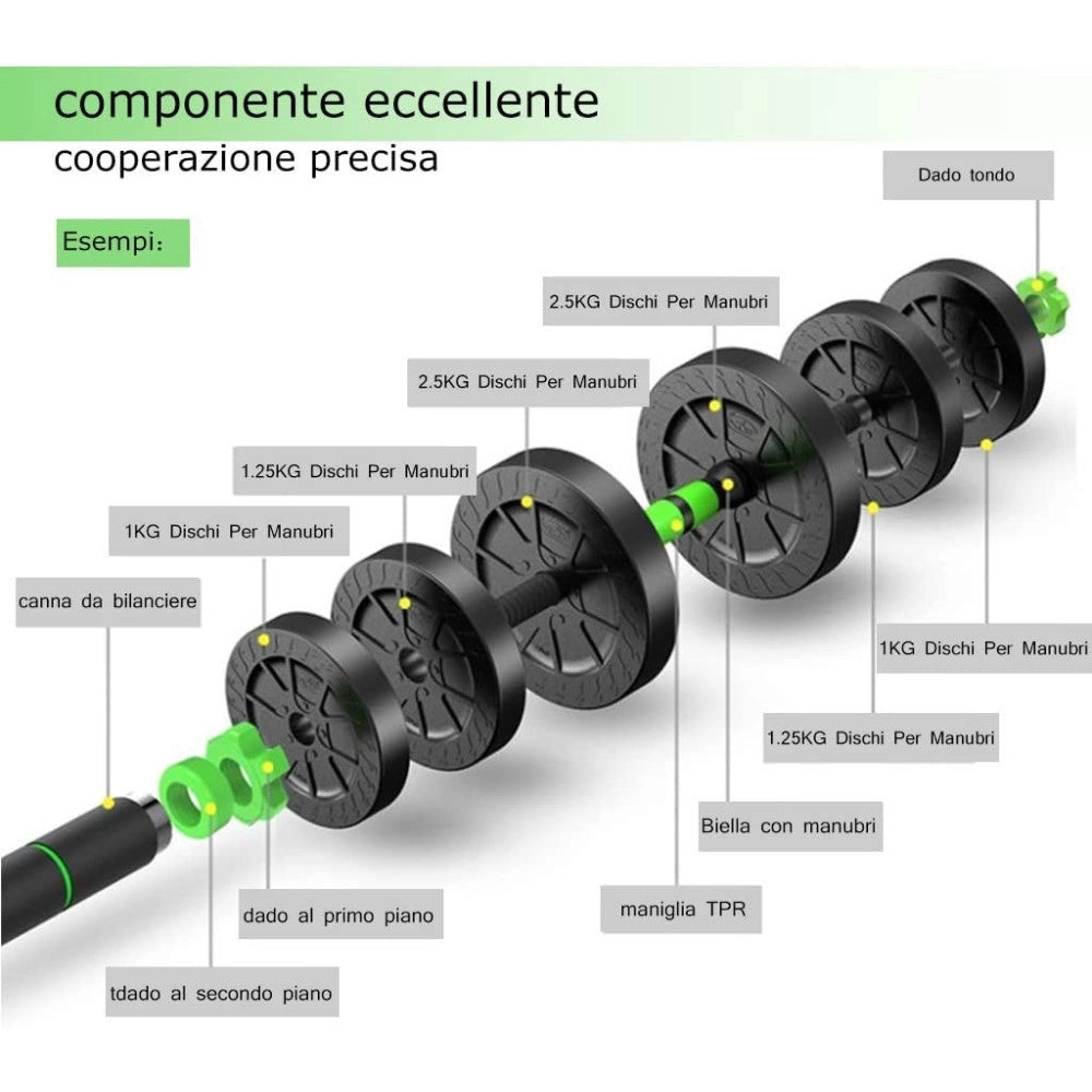 Trade Shop - Kit 2in1 Bilanciere + Manubri Con Pesi Regolabili Componibili Palestra Tot 10 Kg -