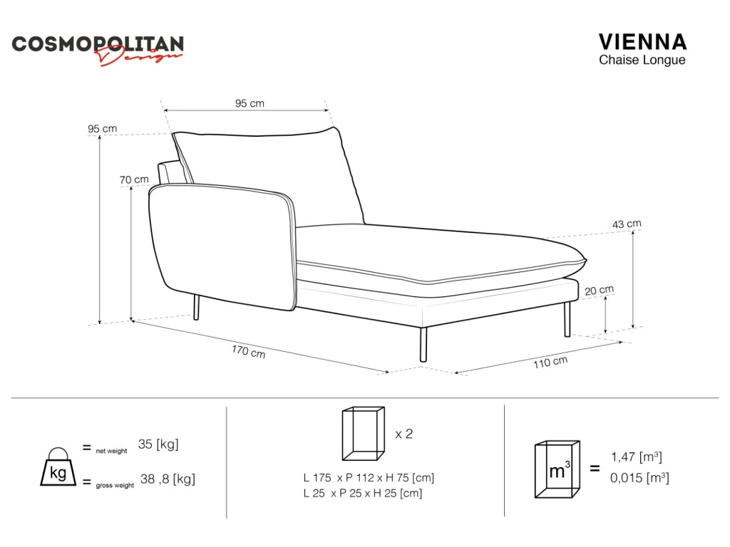 Cosmopolitan Design - Chaise longue sinistra "Vienna" in velluto blu scuro 