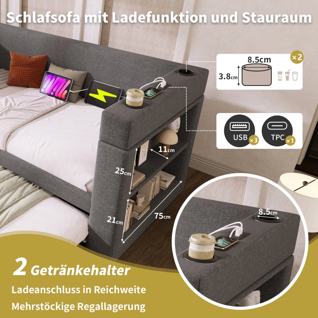 LETTO Daybed imbottito estraibile 90x200 cm Grigio con USB e Type-C senza materasso