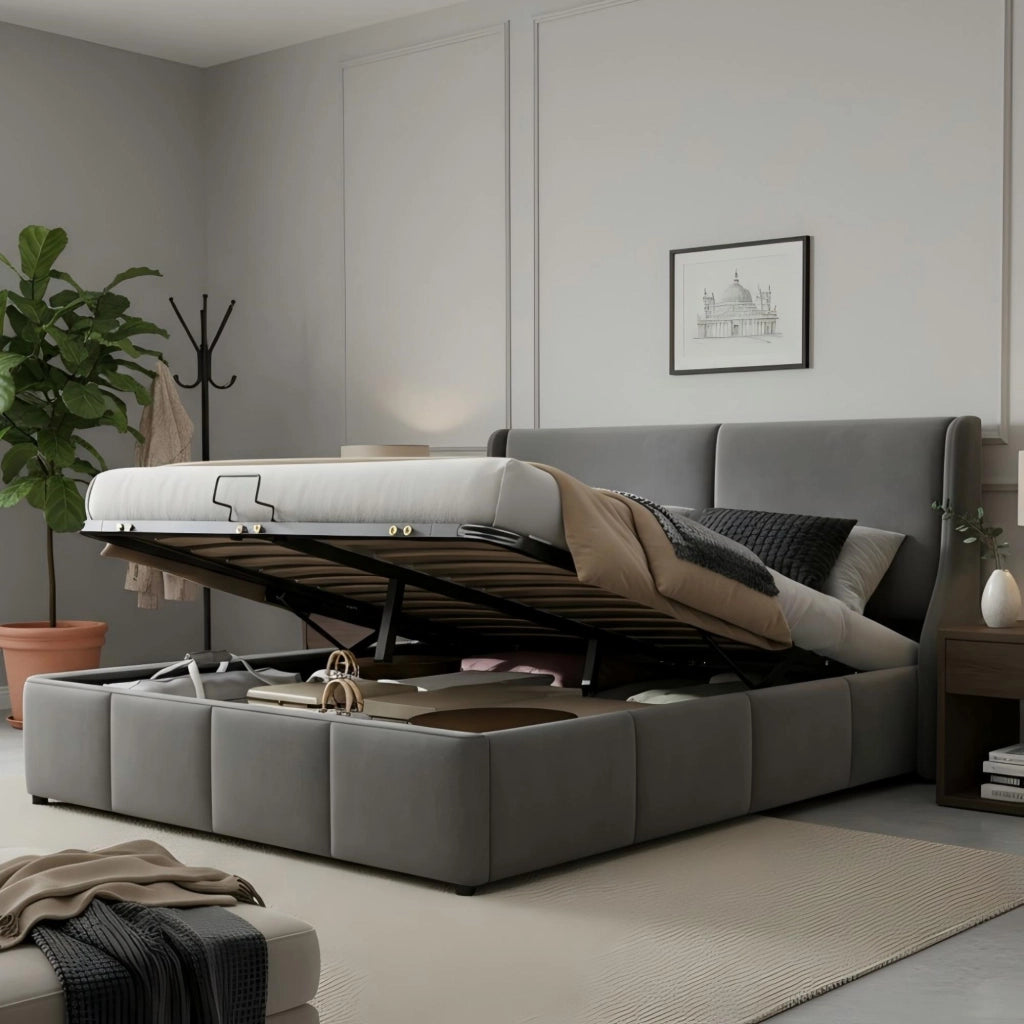 Letto imbottito matrimoniale 160x200 grigio con contenitore e sollevamento idraulico