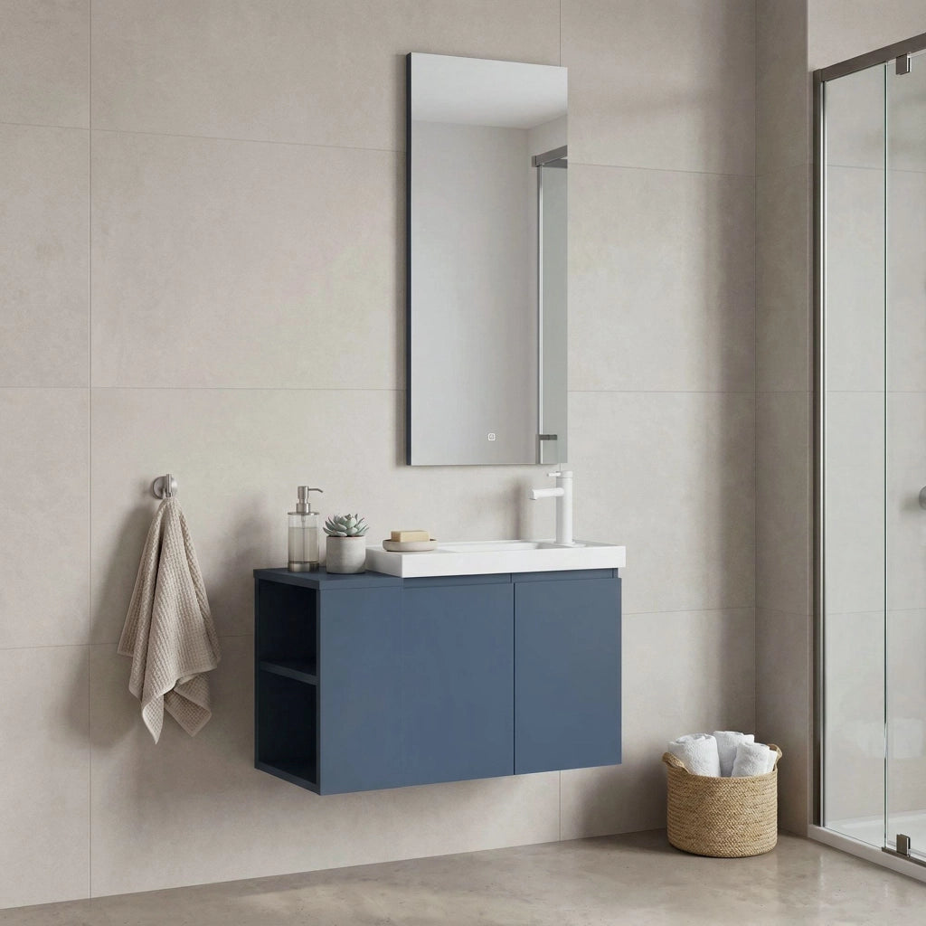 Set mobile lavabo con specchio (2 pezzi) "Ferla 80" - 80 x 22 x 45 cm - Blu opaco