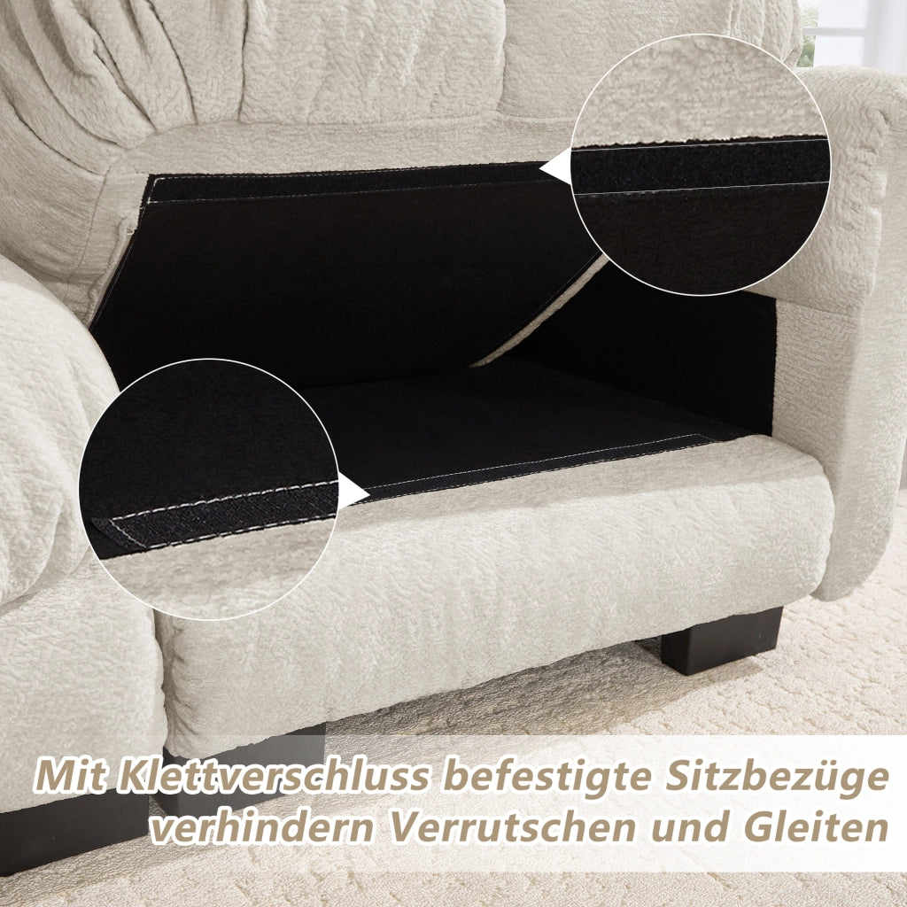 Divano angolare convertibile 3 posti con pouf mobile e cuscino, in Chenille, Beige chiaro