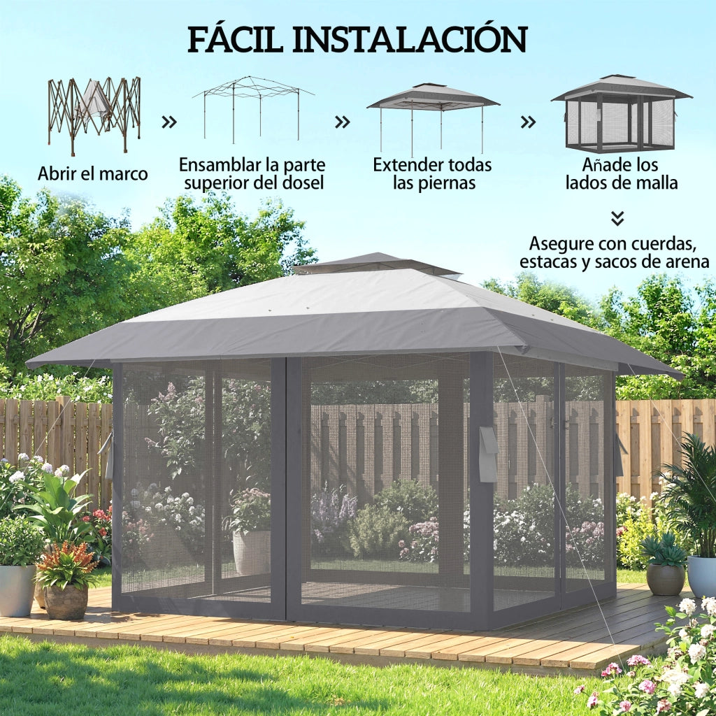 Tenda da Giardino Pieghevole 4x4 m Grigio ¨C Minimal ¨C Con Doppio Tetto e 4 Pareti a Rete