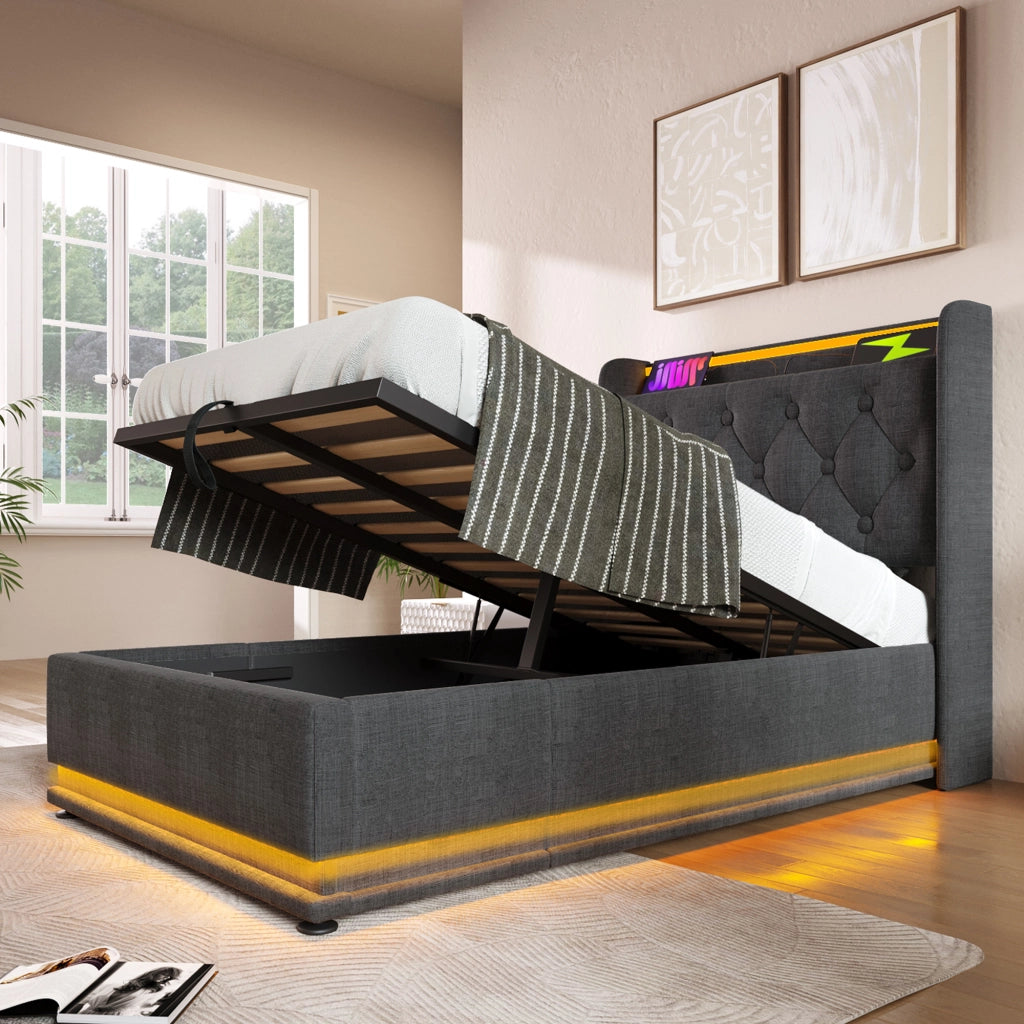LETTO 90x200 cm in lino grigio con LED, USB Type-C e testiera imbottita