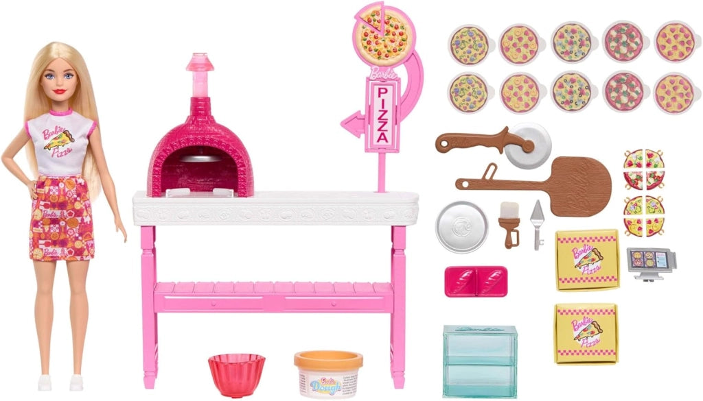 Barbie - Pizzeria, set con bambola bionda e 25 accessori a tema pizza tra cui teglia, tagliapizza e ingredienti oltre al